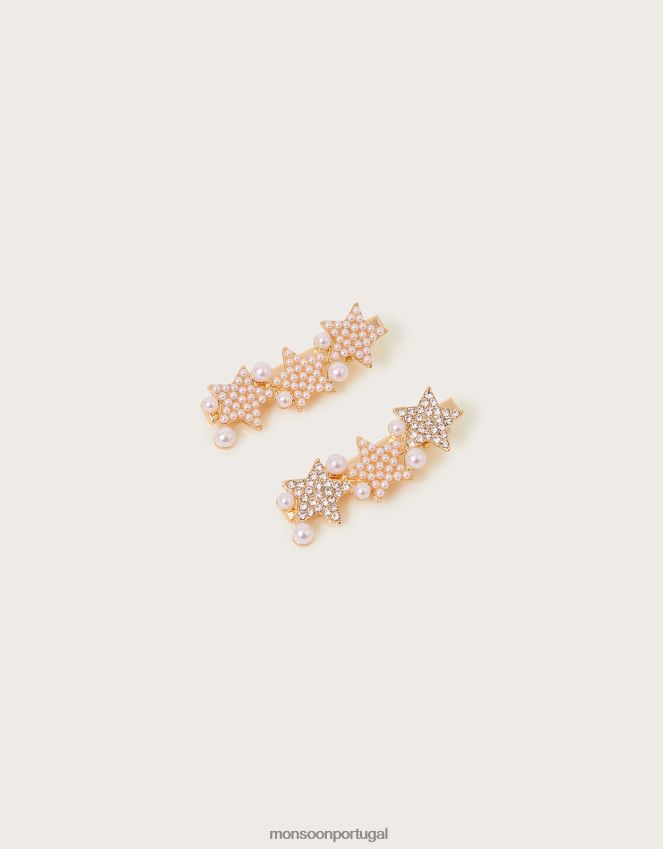 acessório conjunto de dois grampos de cabelo pérola estrela Monsoon garota moda RPLH8F2514