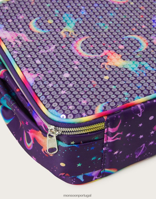 acessório lancheira de lantejoulas unicórnio Monsoon garota moda RPLH8F2531