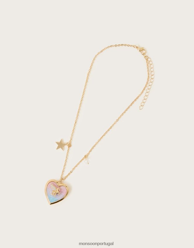 acessório colar medalhão de unicórnio cósmico Monsoon garota moda RPLH8F2426