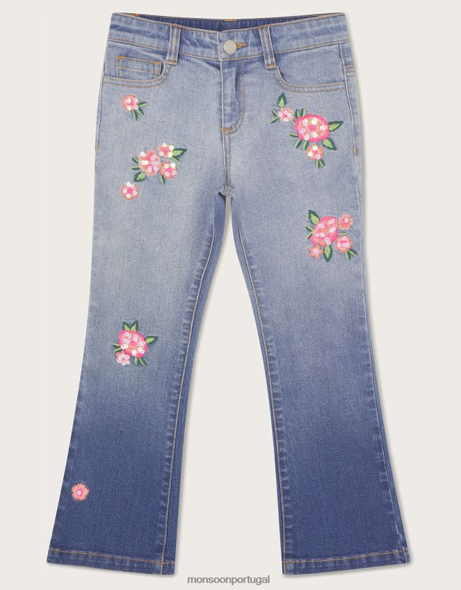 roupas calça jeans bordada com flores Monsoon garota azul RPLH8F1906