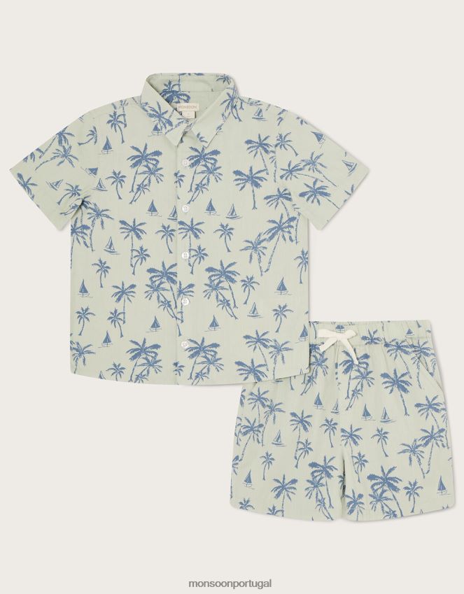 roupas Conjunto de camisa e shorts de popelina com estampa de palma Monsoon garoto verde RPLH8F2755