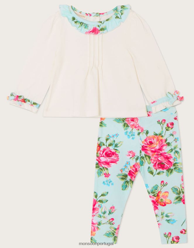 roupas conjunto de blusa com gola em jérsei floral recém-nascido e leggings estampadas Monsoon crianças azul (água) RPLH8F2166