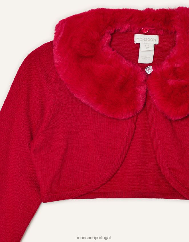 roupas cardigã super macio com gola de pele sintética Monsoon garota vermelho RPLH8F2031
