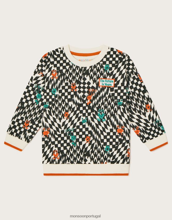 roupas moletom skatista com estampa de monstro Monsoon garoto marfim RPLH8F2201