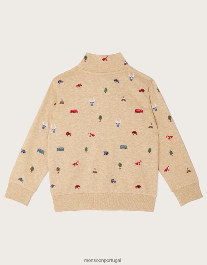 roupas suéter bordado com gola zip Monsoon garoto Pedra natural) RPLH8F2245