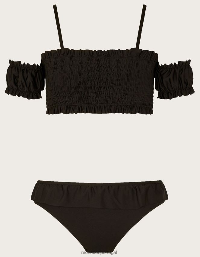 roupas biquíni franzido ombro frio com poliéster reciclado Monsoon garota preto RPLH8F1747