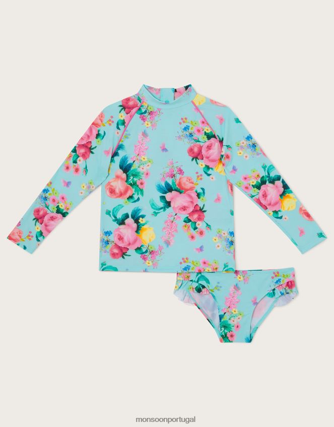roupas conjunto de banho floral de duas peças com proteção upf50+ Monsoon garota azul (turquesa) RPLH8F2017