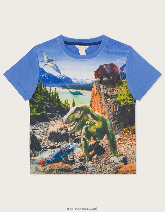 roupas camiseta com cena de dinossauro com estampa digital Monsoon garoto azul RPLH8F2271