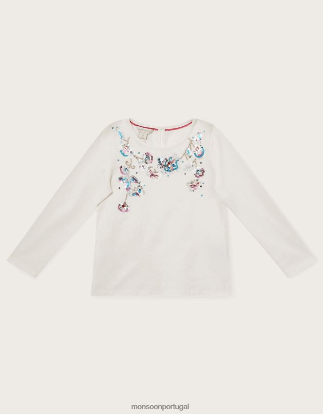roupas top floral de lantejoulas manga longa Monsoon garota marfim RPLH8F1766
