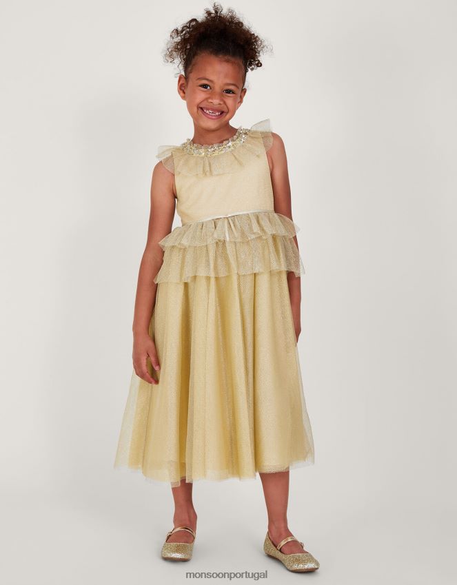 roupas terra das maravilhas vestido maxi alexandra com babados em malha Monsoon garota ouro RPLH8F1950