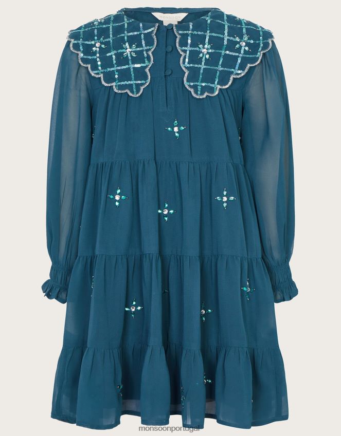 roupas vestido com gola decorada Monsoon garota cerceta RPLH8F1756
