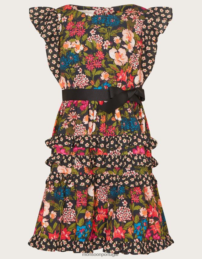 roupas vestido floral com babados Monsoon garota preto RPLH8F1724
