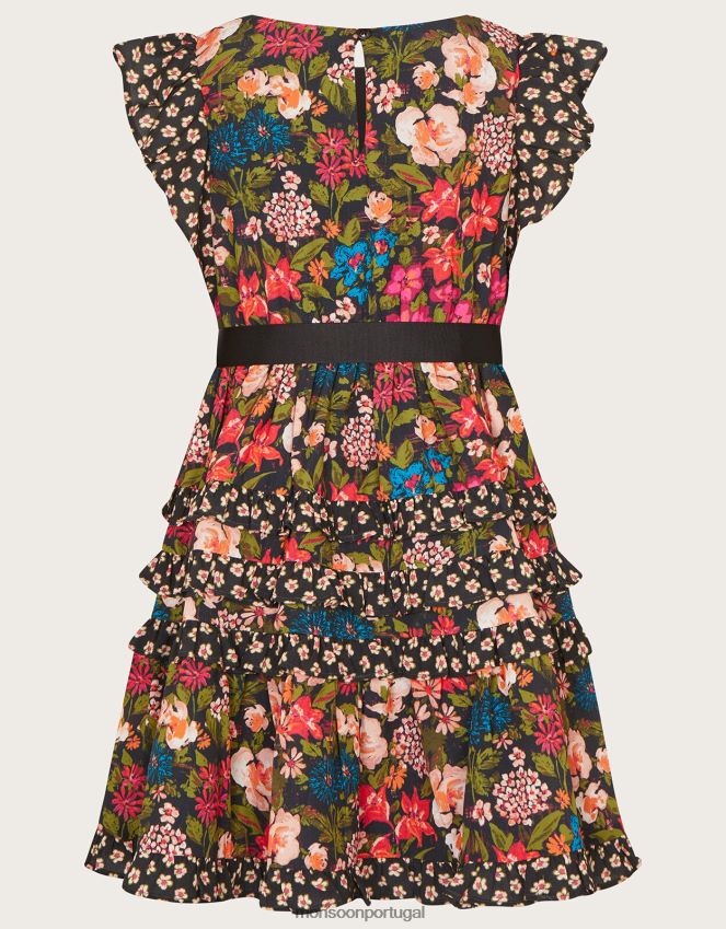 roupas vestido floral com babados Monsoon garota preto RPLH8F1724