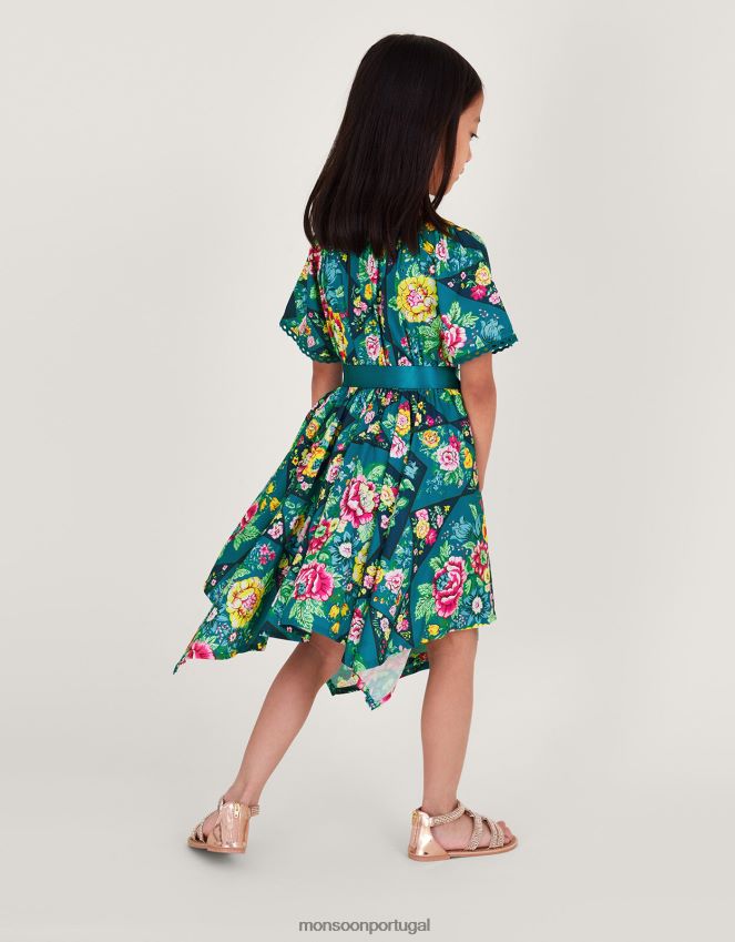 roupas vestido patchwork estampado com bainha lenço Monsoon garota cerceta RPLH8F1770