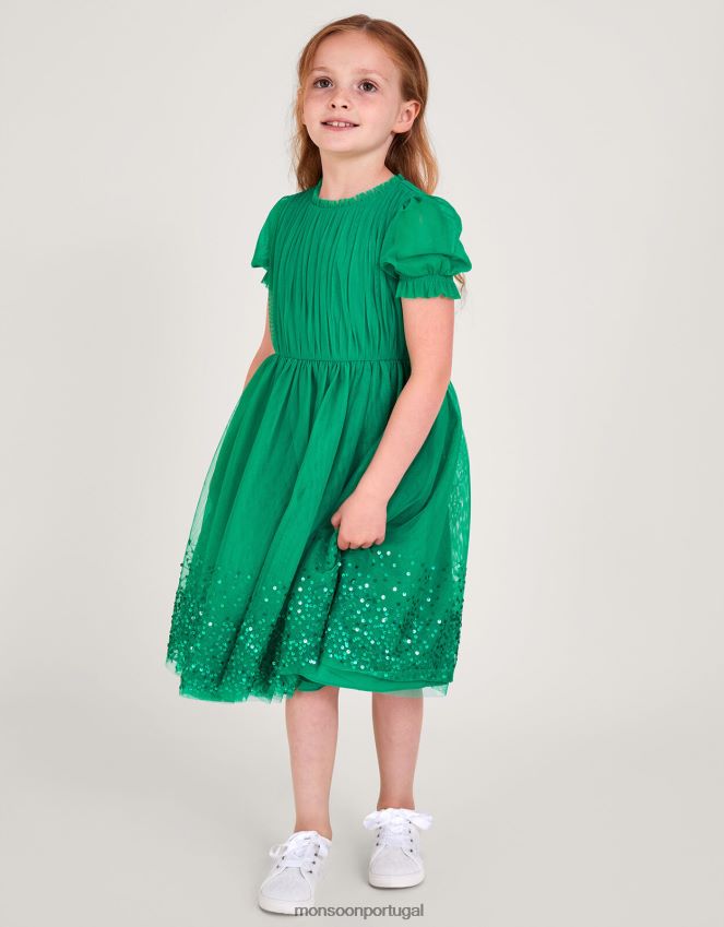 roupas vestido shirley com paetê franzido Monsoon garota verde RPLH8F1773