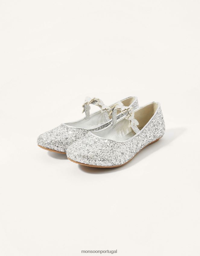calçados sapatilhas de bailarina com brilho e borboleta Monsoon garota prata RPLH8F2402