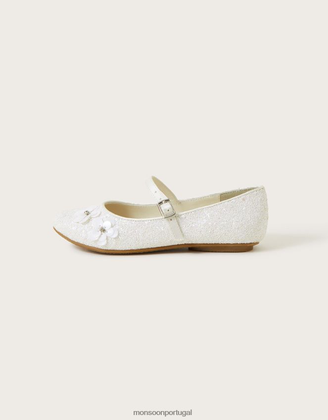 calçados sapatilhas de bailarina com glitter e flor de lantejoulas Monsoon garota marfim RPLH8F2298