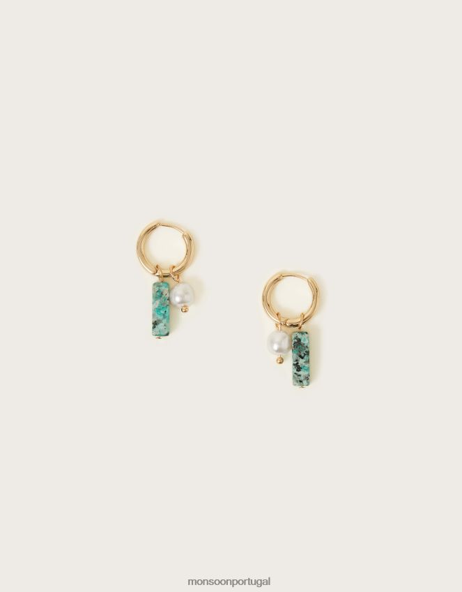 acessório argolas huggie com pingente de pérola e pedra Monsoon mulheres à moda RPLH8F1388