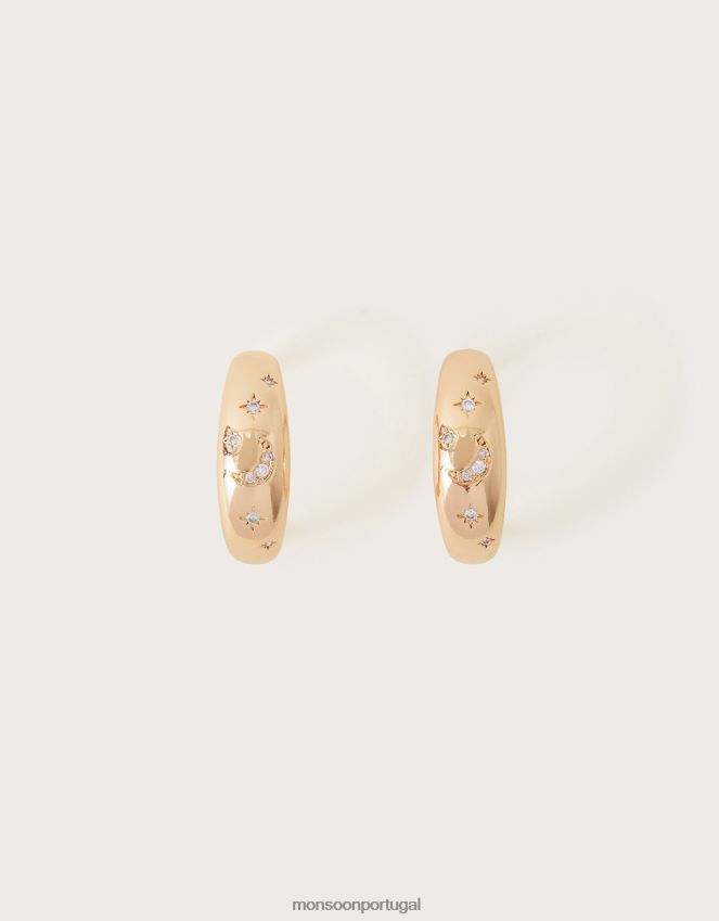 acessório brincos grossos de argola com lua e estrela Monsoon mulheres à moda RPLH8F1342