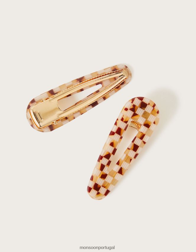 acessório conjunto de dois grampos de cabelo de resina estampada Monsoon mulheres marrom RPLH8F1360