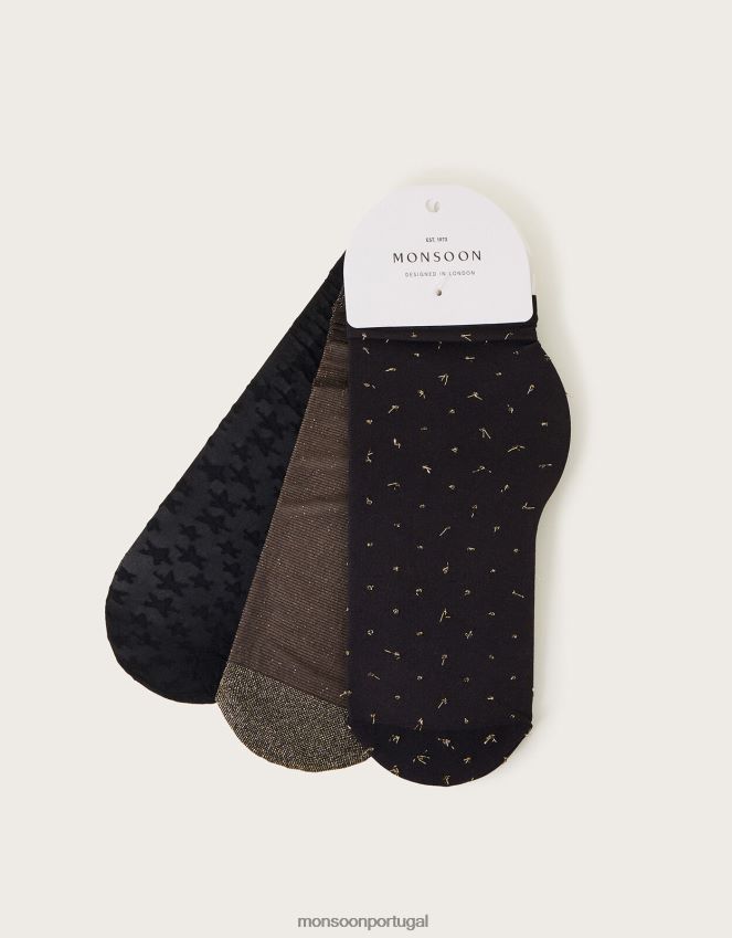 acessório conjunto de três meias pop Monsoon mulheres ouro RPLH8F1266