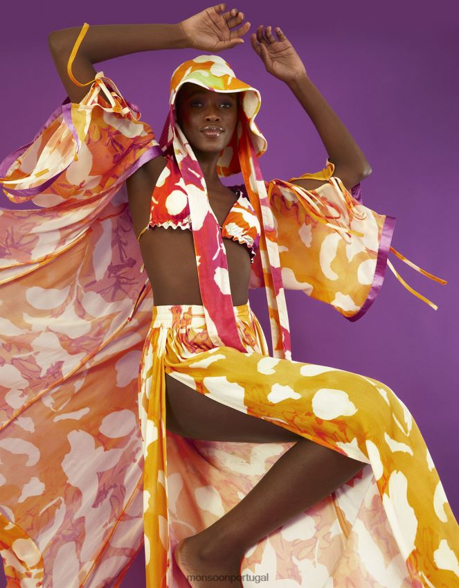 roupas calça com divisão lateral com estampa abstrata Monsoon mulheres laranja RPLH8F2780