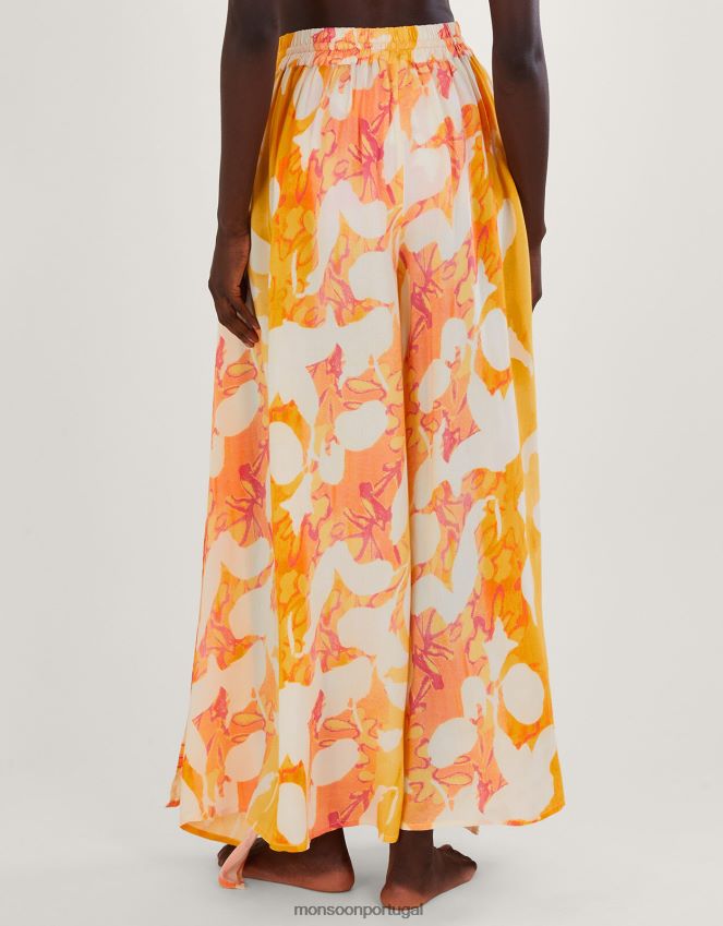 roupas calça com divisão lateral com estampa abstrata Monsoon mulheres laranja RPLH8F2780