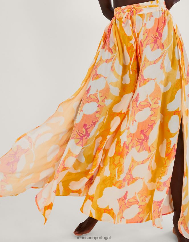 roupas calça com divisão lateral com estampa abstrata Monsoon mulheres laranja RPLH8F2780