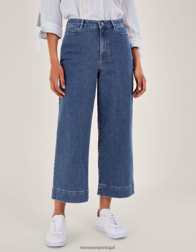 roupas calça jeans cropped de perna larga Monsoon mulheres azul (azul jeans) RPLH8F725