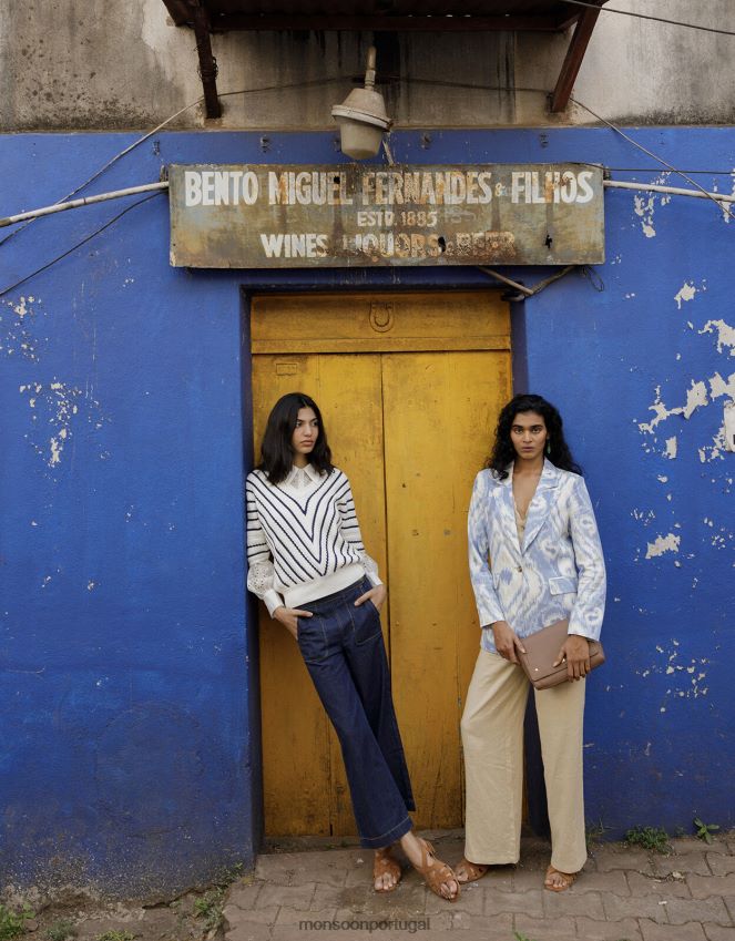 roupas calça jenny em mescla de linho Monsoon mulheres Pedra natural) RPLH8F382