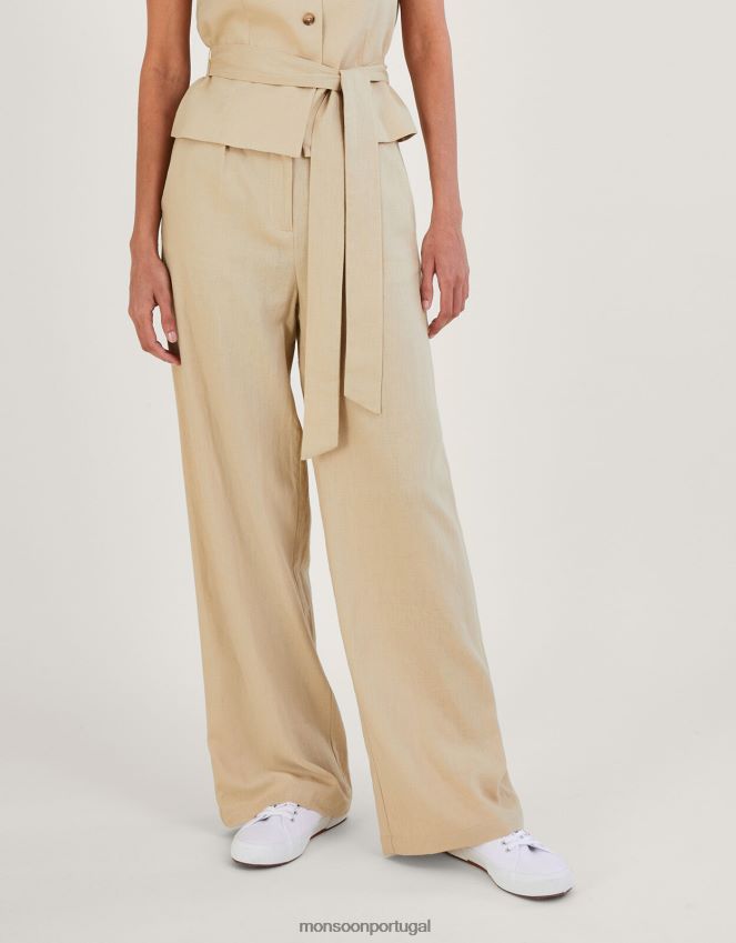 roupas calça jenny em mescla de linho Monsoon mulheres Pedra natural) RPLH8F382