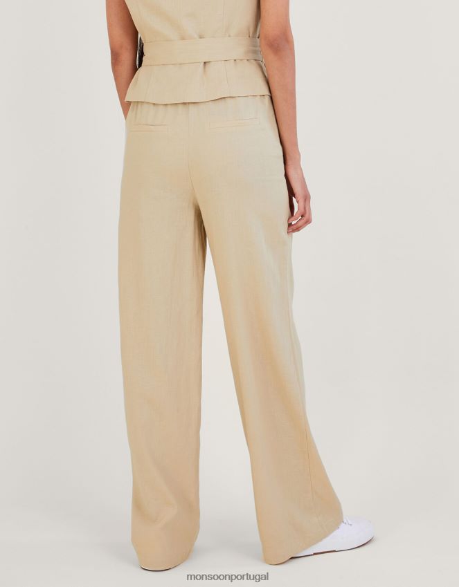 roupas calça jenny em mescla de linho Monsoon mulheres Pedra natural) RPLH8F382