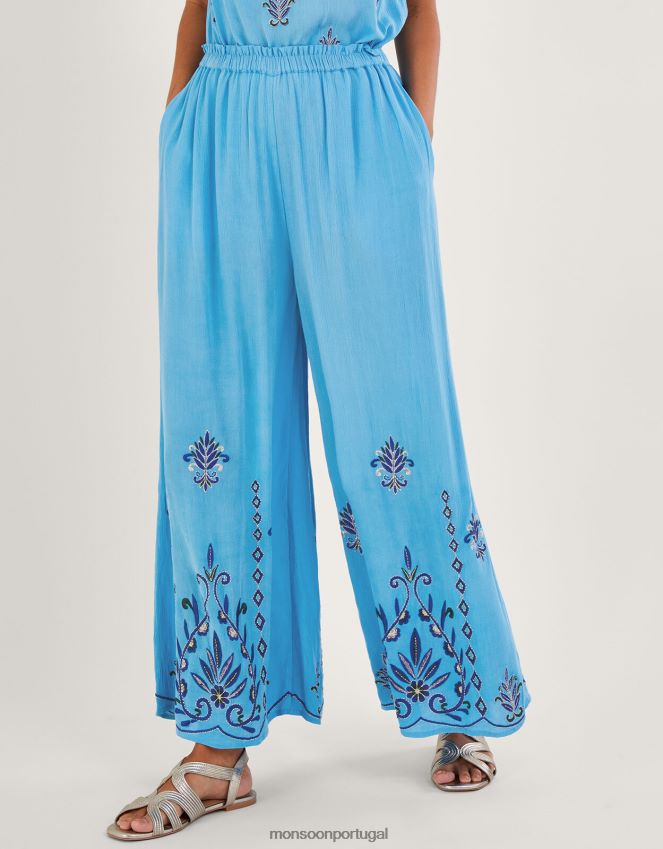 roupas calça larga bordada em lenzing ecovero Monsoon mulheres azul RPLH8F521