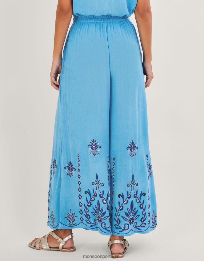 roupas calça larga bordada em lenzing ecovero Monsoon mulheres azul RPLH8F521