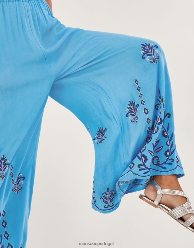 roupas calça larga bordada em lenzing ecovero Monsoon mulheres azul RPLH8F521