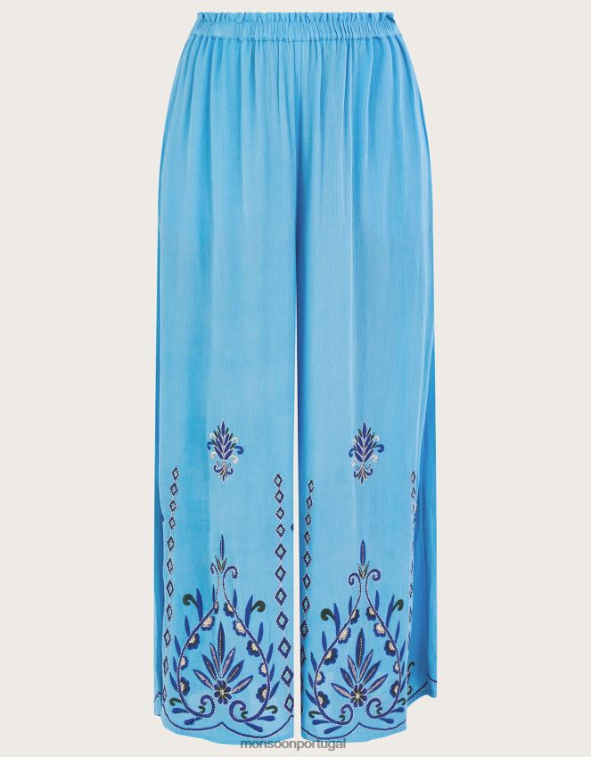 roupas calça larga bordada em lenzing ecovero Monsoon mulheres azul RPLH8F521