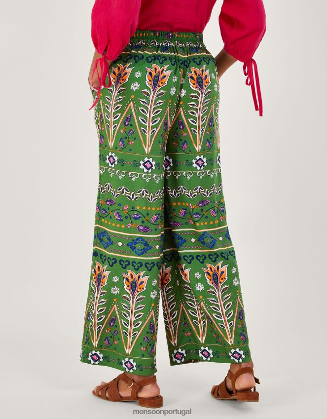 roupas calça larga estampada em lenzing ecovero Monsoon mulheres verde (cáqui) RPLH8F969