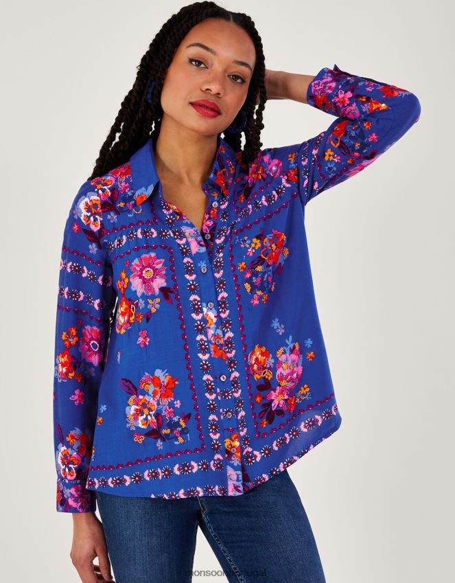 roupas Alina com estampa floral de botão na camisa em Lenzing Ecovero Monsoon mulheres azul RPLH8F673