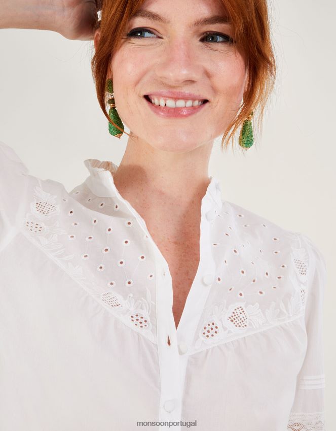 roupas blusa bordada broderie pintuck bronwyn Monsoon mulheres branco RPLH8F122