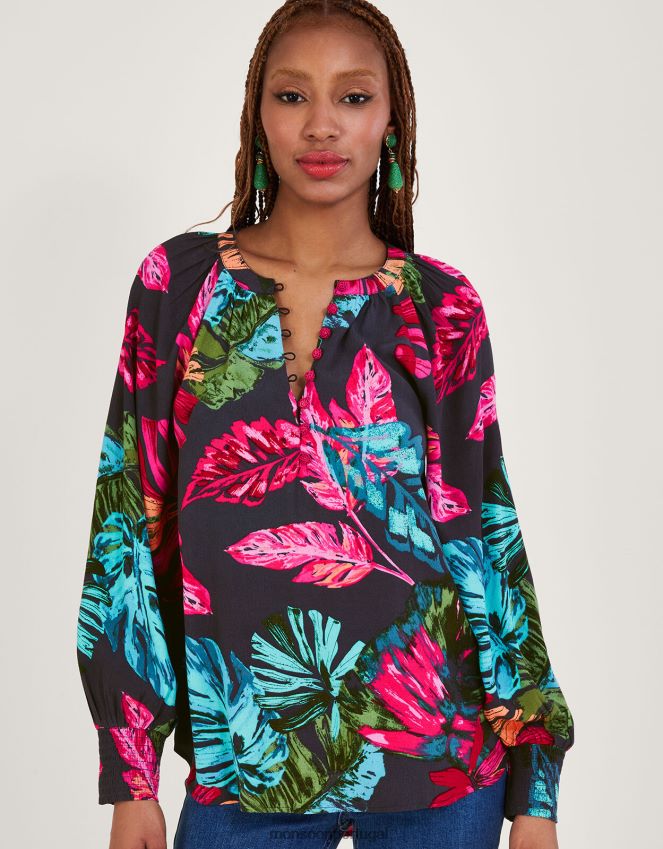 roupas blusa bria palm print em viscose sustentável Monsoon mulheres azul (meia-noite) RPLH8F795