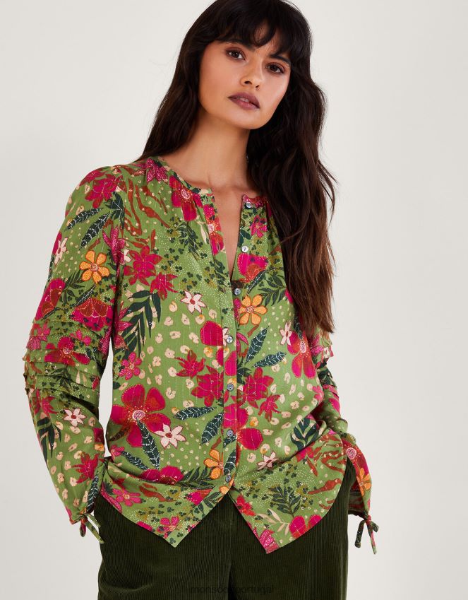 roupas blusa com estampa floral Monsoon mulheres verde RPLH8F82