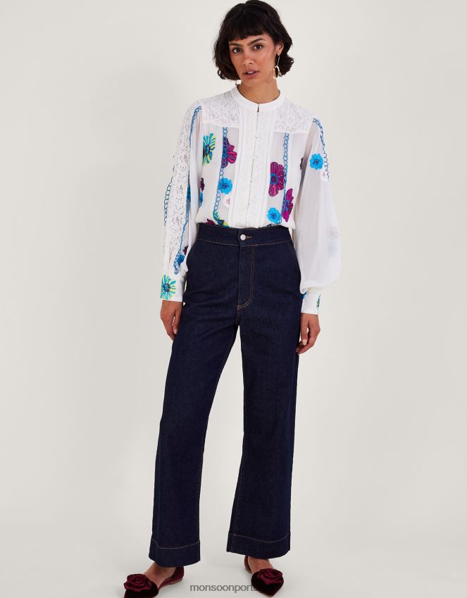 roupas blusa lorraine bordada em renda em poliéster reciclado Monsoon mulheres marfim RPLH8F292