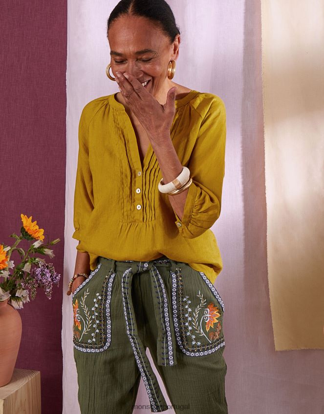 roupas blusa pintuck de linho Monsoon mulheres verde (chartreuse) RPLH8F1028