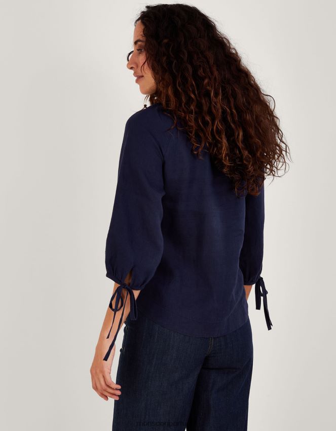 roupas botão de gravata na blusa de linho Monsoon mulheres azul RPLH8F343