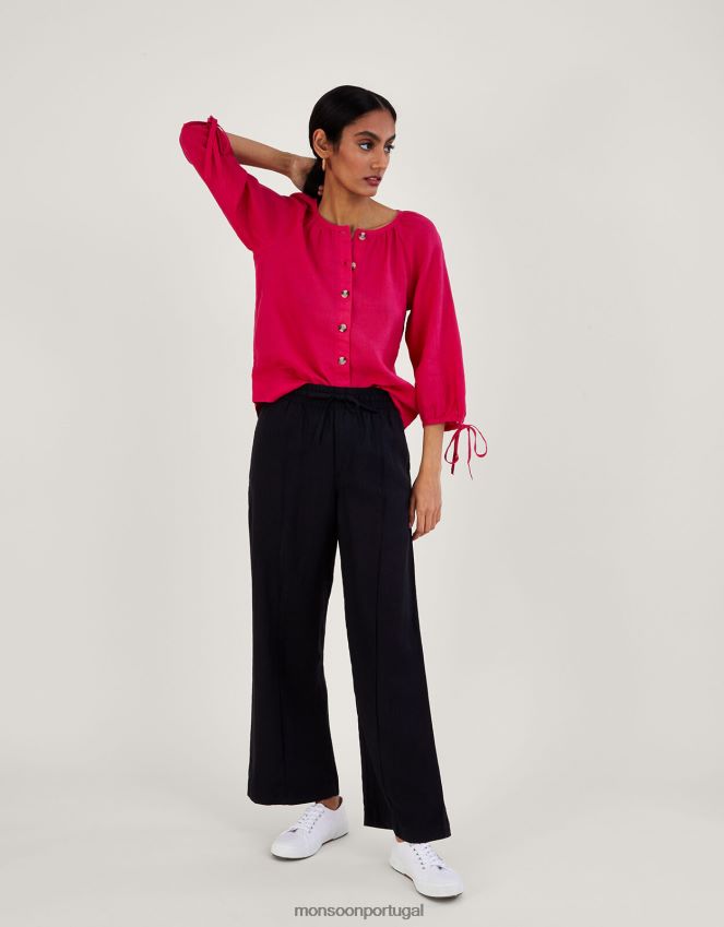 roupas botão de gravata na blusa de linho Monsoon mulheres rosa RPLH8F356
