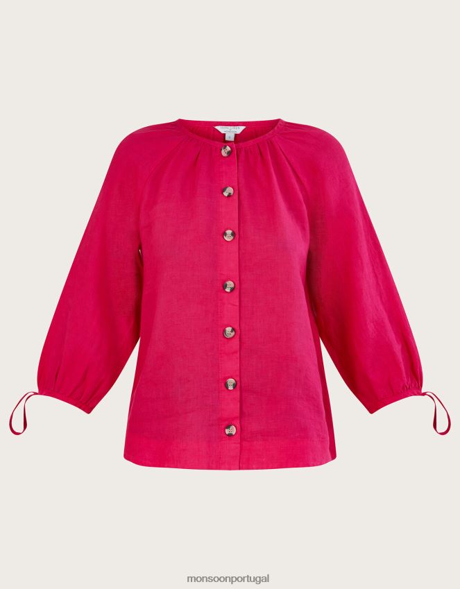 roupas botão de gravata na blusa de linho Monsoon mulheres rosa RPLH8F356