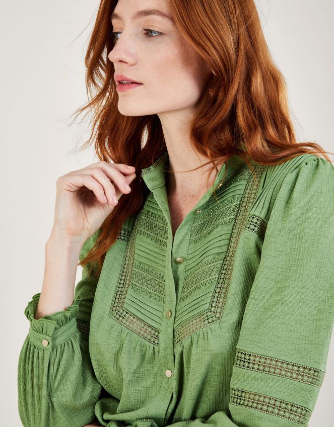 roupas botão de inserção de renda na camisa jersey Monsoon mulheres verde RPLH8F450