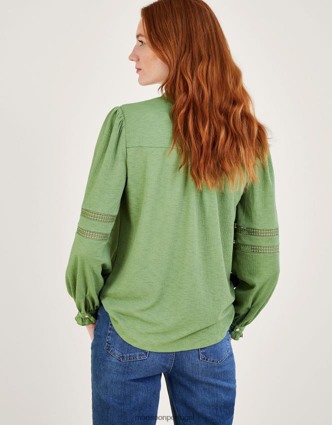 roupas botão de inserção de renda na camisa jersey Monsoon mulheres verde RPLH8F450
