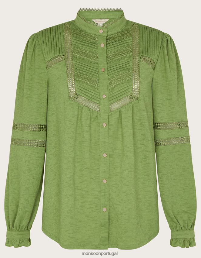 roupas botão de inserção de renda na camisa jersey Monsoon mulheres verde RPLH8F450