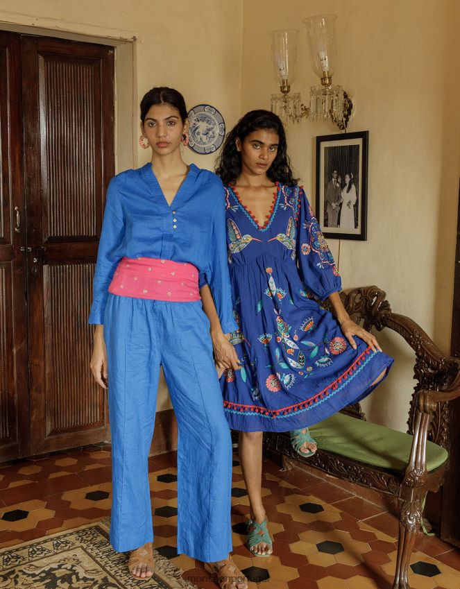 roupas camisa indiana de linho com gola nehru Monsoon mulheres azul (cobalto) RPLH8F1050